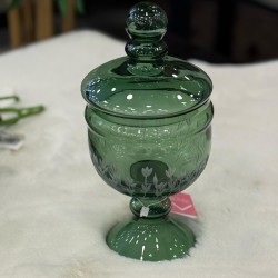  Cam Lale Dekorlu Kazıma Ayaklı Yeşil Renk Kapaklı Şekerlik 