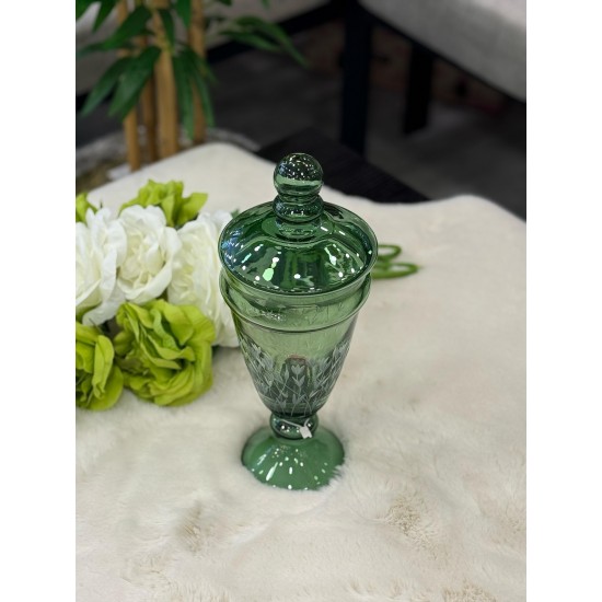 Cam Lale Kazıma Decorlu Büyük Boy Yeşil Renk Kapaklı Şekerlik