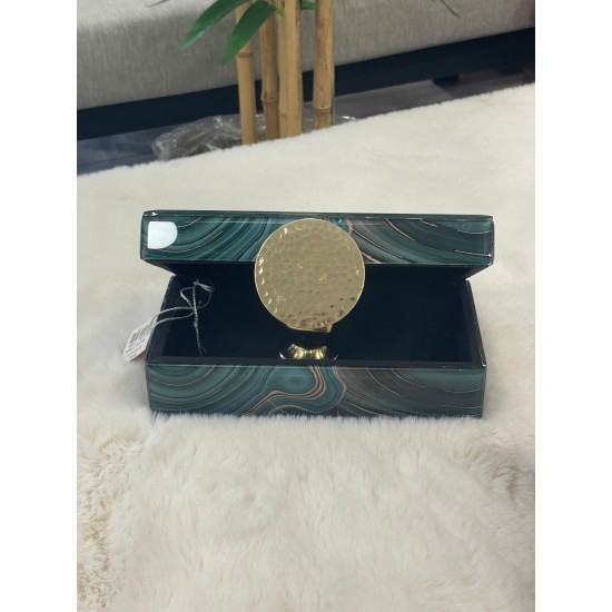 KOYU YEŞİL MERMER DESENLİ ALTIN DETAYLI KÜÇÜK BOY DEKORATİF KUTU 