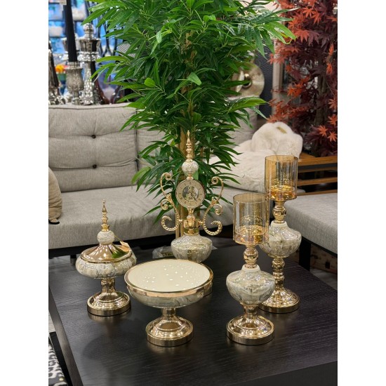 5 Parça Metal Ayaklı Seramik Mermer Desenli Salon Seti