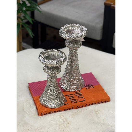Gümüş Renk Alüminyum  Döküm 2’li Şamdan Seti