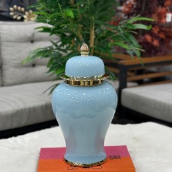 Porselen Blue Renk Kapaklı Dekor Küp