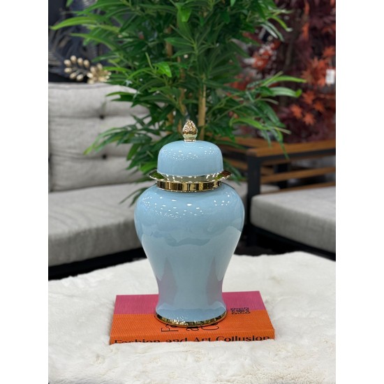 Porselen Blue Renk Kapaklı Dekor Küp