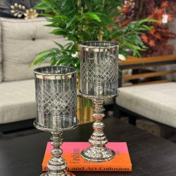 Gümüş Renk Metal Ayaklı Kesme Cam Decorlu 2’li Şamdan Seti 