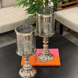 Gümüş Renk Metal Ayaklı Kesme Cam Decorlu 2’li Şamdan Seti 