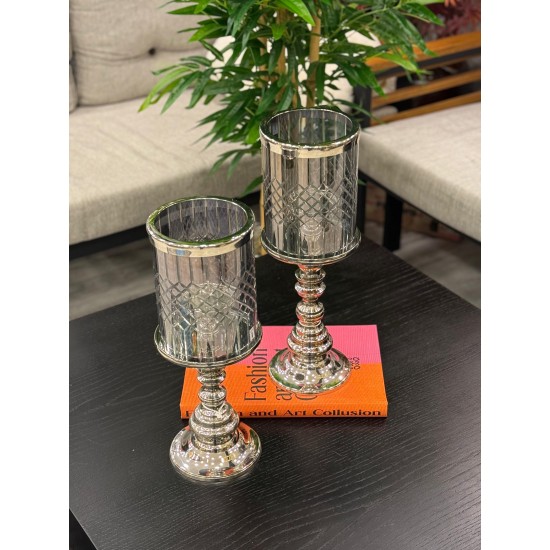Gümüş Renk Metal Ayaklı Kesme Cam Decorlu 2’li Şamdan Seti 
