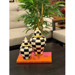 2’li Çini Dama Desen Gold Detaylı Kapaklı Dekor Küp 