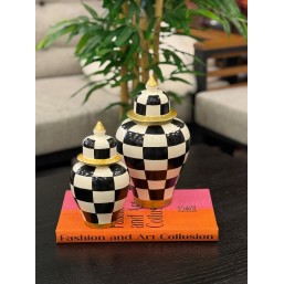 2’li Çini Dama Desen Gold Detaylı Kapaklı Dekor Küp 