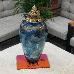 Porselen Yeşil Ve Mavi Renk Soyut Desen Kapaklı Dekor Vazo