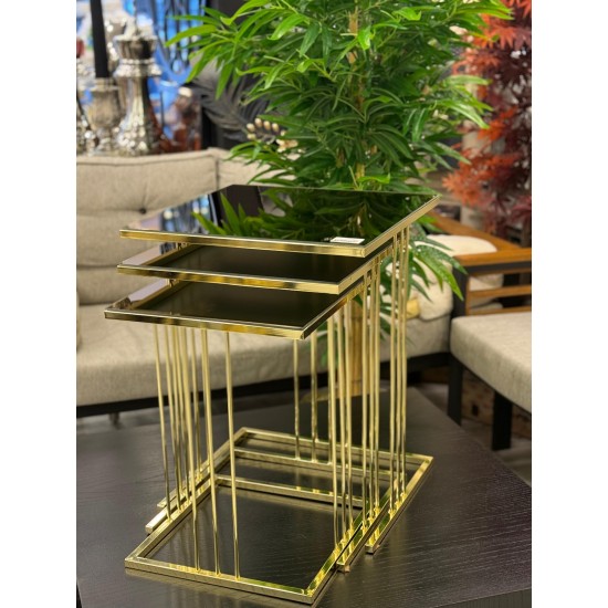 Altın Renk Kaplama Bronz Renk Aynalı 2 yıl Kaplama Garantili Kare Model 3’lü Zigon Sehpa