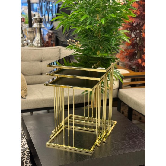 Altın Renk Kaplama Bronz Renk Aynalı 2 yıl Kaplama Garantili Kare Model 3’lü Zigon Sehpa