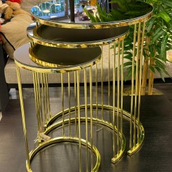 Ring Model Altın  Renk Kaplama Bronz Aynalı 2 Yıl Garantili 3’lü Yuvarlak Zigon Sehpa