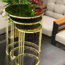 Ring Model Altın  Renk Kaplama Bronz Aynalı 2 Yıl Garantili 3’lü Yuvarlak Zigon Sehpa