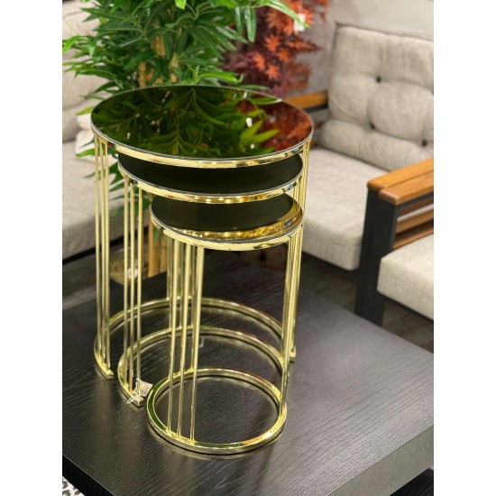 Ring Model Altın  Renk Kaplama Bronz Aynalı 2 Yıl Garantili 3’lü Yuvarlak Zigon Sehpa