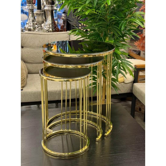 Ring Model Altın  Renk Kaplama Bronz Aynalı 2 Yıl Garantili 3’lü Yuvarlak Zigon Sehpa