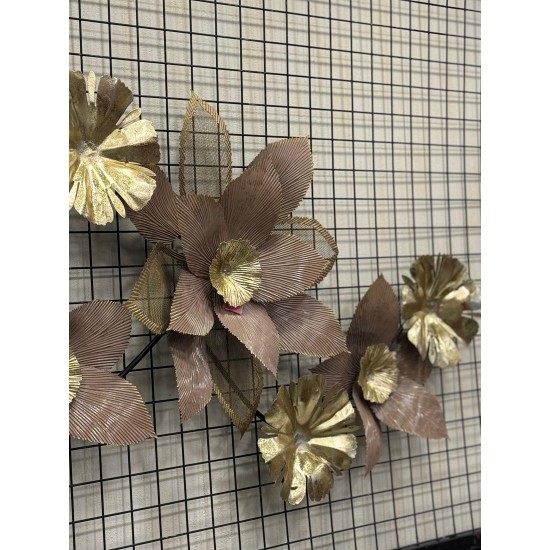 Metal Ferforje Kahve Renk Gold Detaylı Çiçek Duvar Pano