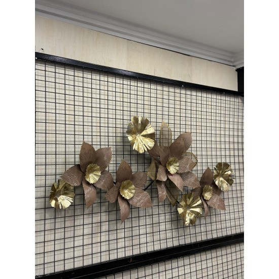 Metal Ferforje Kahve Renk Gold Detaylı Çiçek Duvar Pano