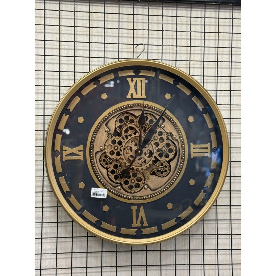 Metal Kasa Siyak Renk Gold Detaylı Çarklı Duvar Saati 