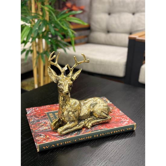 Metal Oturan Pirinç Dekor Geyik