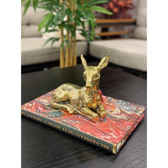 Metal Oturan Pirinç Dekor Geyik