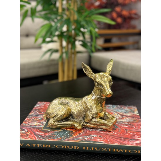 Metal Oturan Pirinç Dekor Geyik