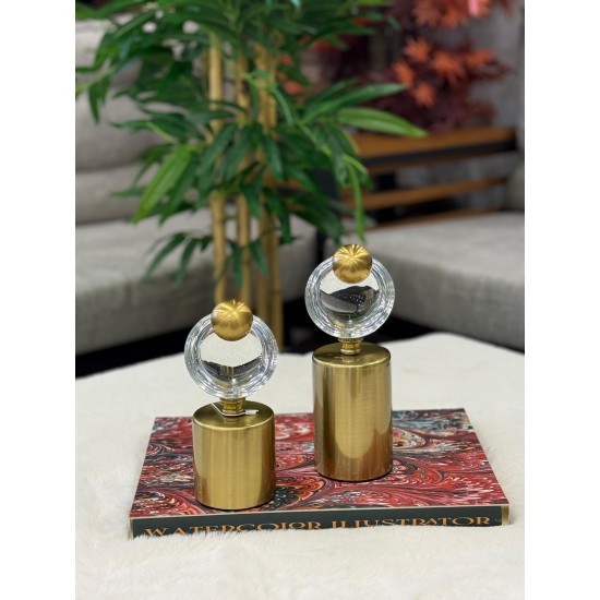2’li Bronz Renk Metal Alt Tabanlı Camlı Dekoratif Küre Seti