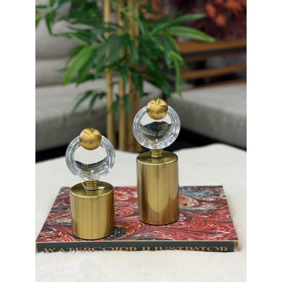 2’li Bronz Renk Metal Alt Tabanlı Camlı Dekoratif Küre Seti