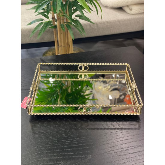 Gold Dikdörtgen Zincir Desenli Tepsi 