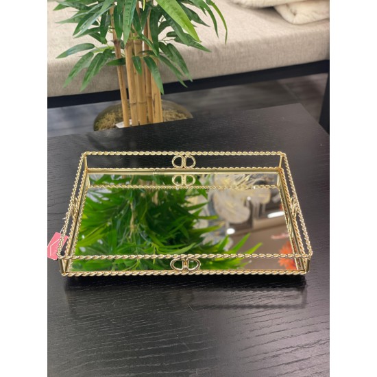 Gold Dikdörtgen Zincir Desenli Tepsi 