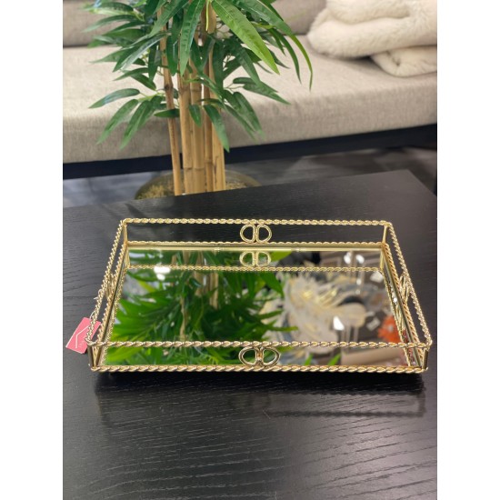 Gold Dikdörtgen Zincir Desenli Tepsi 