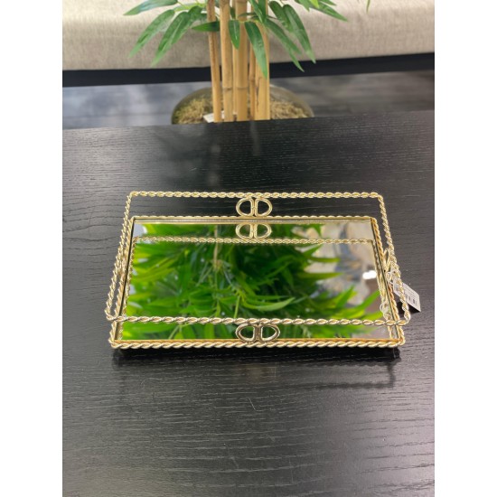 Gold Dikdörtgen Halat Desenli Tepsi 