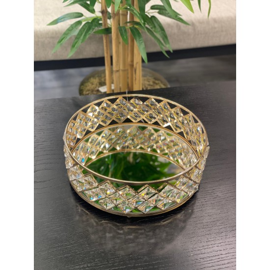 Gold Kristal Taşlı Yuvarlak Tepsi