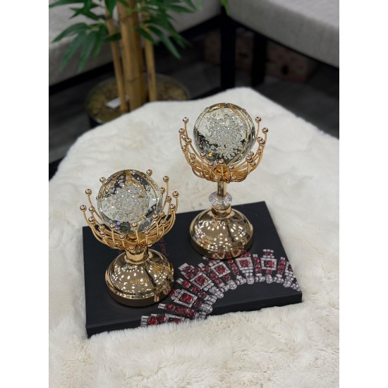 Kristal Küreli Gold Ayaklı Dekoratif Obje (2'li Set)