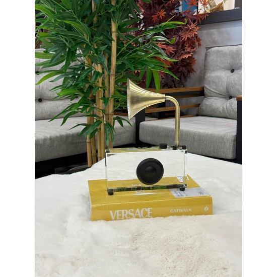 Kristal Detaylı Eskitme Renk Gramofon Obje