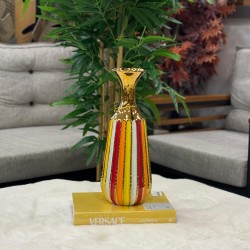 Çizgili Gold Detaylı Dekoratif  Vazo Küçük Boy
