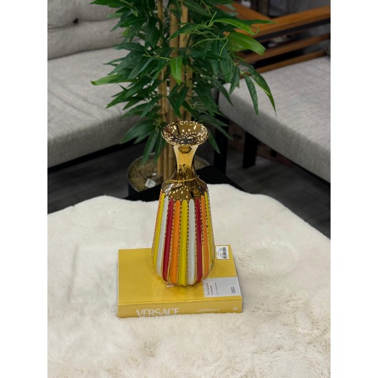 Çizgili Gold Detaylı Dekoratif  Vazo Küçük Boy