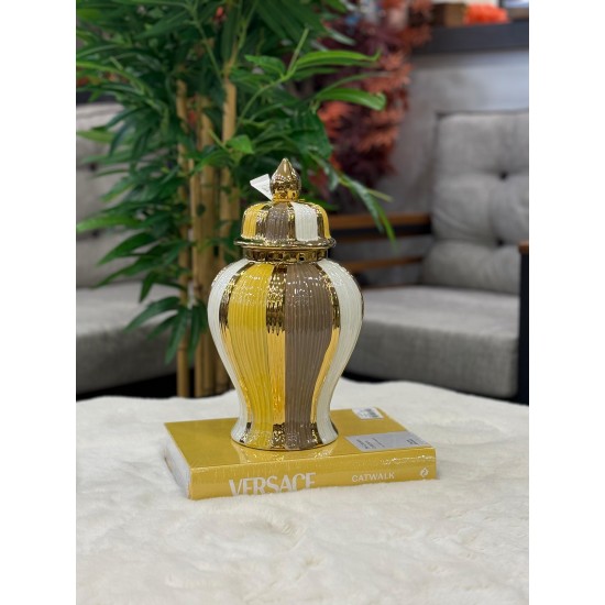Çizgili Kapaklı Dekoratif Küçük Boy Küp – Gold Detaylı