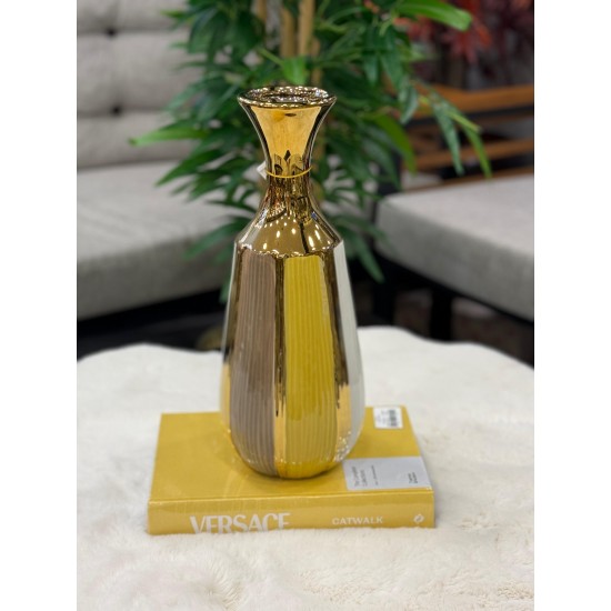Çizgili Gold Detaylı Dekoratif  Vazo Küçük  Boy